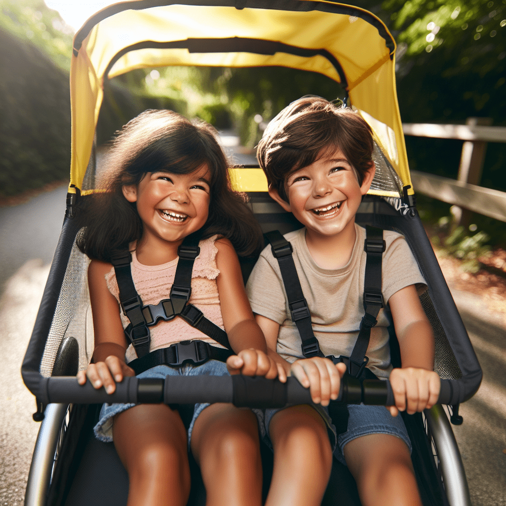 glückliche Kinder in einem Fahrradanhänger